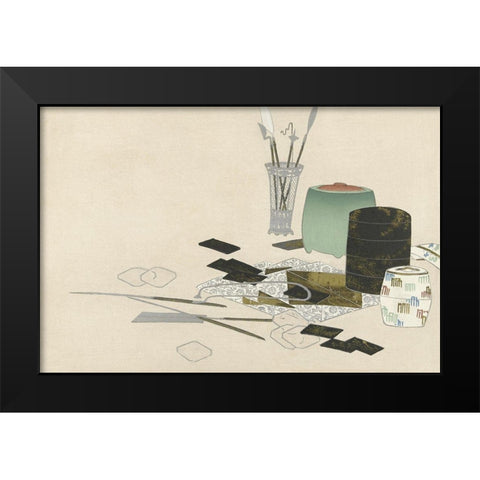Art supplies from Momoyogusa Black Modern Wood Framed Art Print by Sekka, Kamisaka