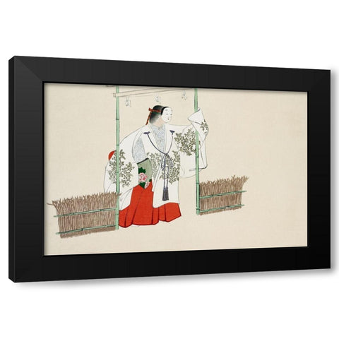 Masked man from Momoyogusa Black Modern Wood Framed Art Print by Sekka, Kamisaka