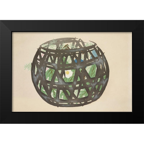 Basket from Momoyogusa Black Modern Wood Framed Art Print by Sekka, Kamisaka