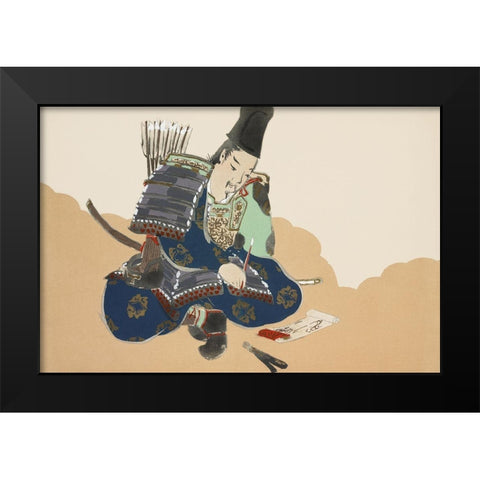 Samurai from Momoyogusa Black Modern Wood Framed Art Print by Sekka, Kamisaka