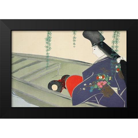 Boat from Momoyogusa Black Modern Wood Framed Art Print by Sekka, Kamisaka