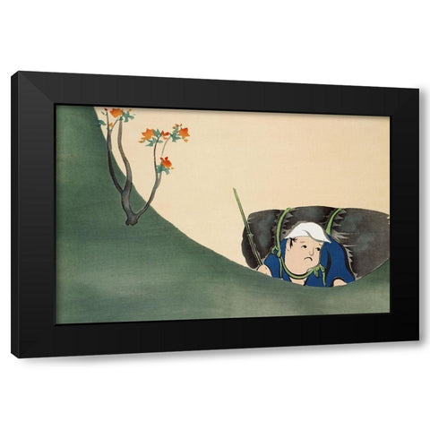 Samurai from Momoyogusa Black Modern Wood Framed Art Print by Sekka, Kamisaka