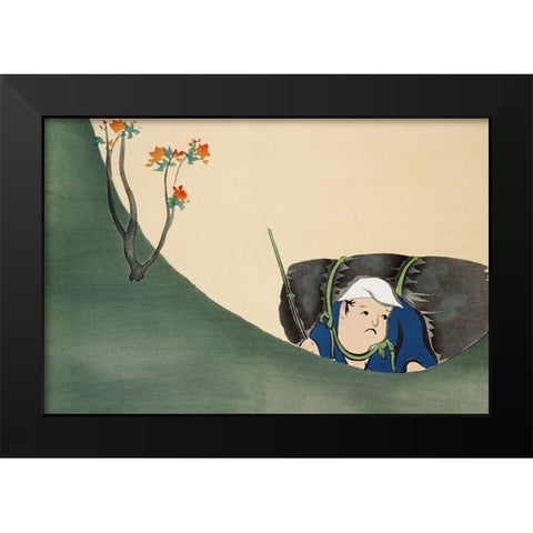 Samurai from Momoyogusa Black Modern Wood Framed Art Print by Sekka, Kamisaka