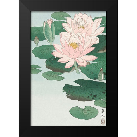 Water Lily Black Modern Wood Framed Art Print by Koson, Ohara