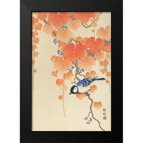 Great tit on paulownia branch Black Modern Wood Framed Art Print by Koson, Ohara