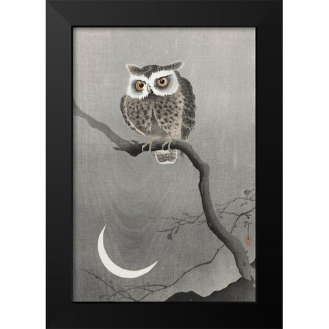 Long-eared owl on bare tree branch Black Modern Wood Framed Art Print by Koson, Ohara