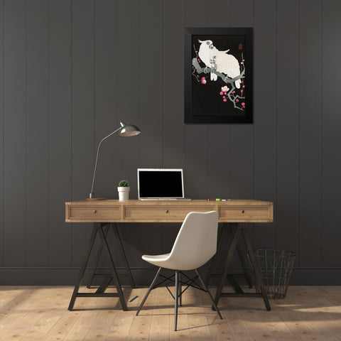 Two cockatoo and plum blossom Black Modern Wood Framed Art Print by Koson, Ohara