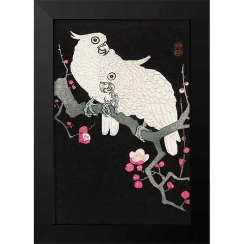 Two cockatoo and plum blossom Black Modern Wood Framed Art Print by Koson, Ohara