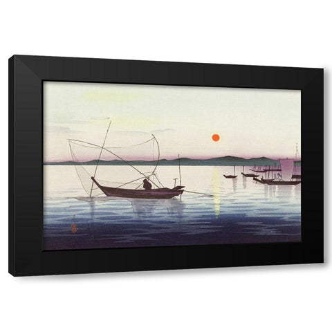 Boats and setting sun Black Modern Wood Framed Art Print with Double Matting by Koson, Ohara
