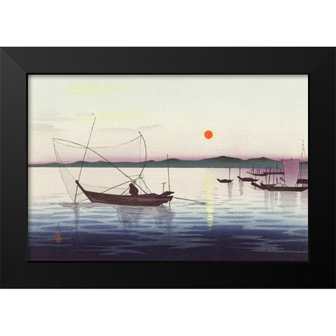 Boats and setting sun Black Modern Wood Framed Art Print by Koson, Ohara