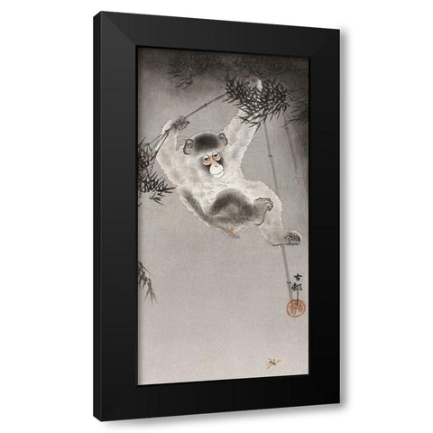 Monkey, hanging from bamboo branch Black Modern Wood Framed Art Print by Koson, Ohara
