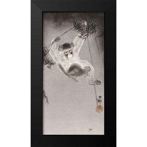 Monkey, hanging from bamboo branch Black Modern Wood Framed Art Print by Koson, Ohara