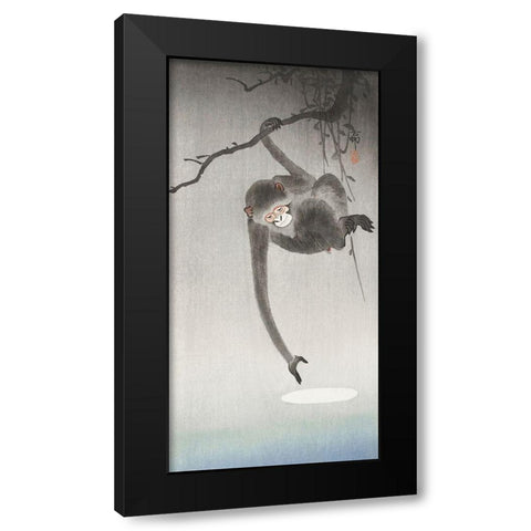 Monkey and reflection of the moon Black Modern Wood Framed Art Print with Double Matting by Koson, Ohara