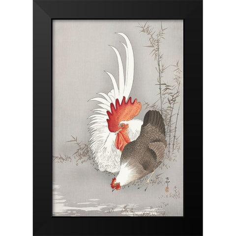 Rooster and chicken Black Modern Wood Framed Art Print by Koson, Ohara