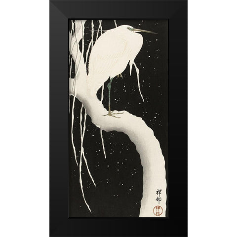 Heron in snow Black Modern Wood Framed Art Print by Koson, Ohara