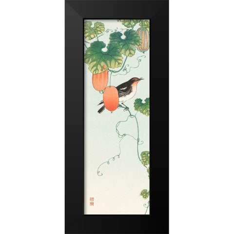 Songbird in cucumber plant Black Modern Wood Framed Art Print by Koson, Ohara