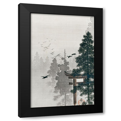 Flock of birds and a torii gate in a pine tree forest Black Modern Wood Framed Art Print with Double Matting by Koson, Ohara