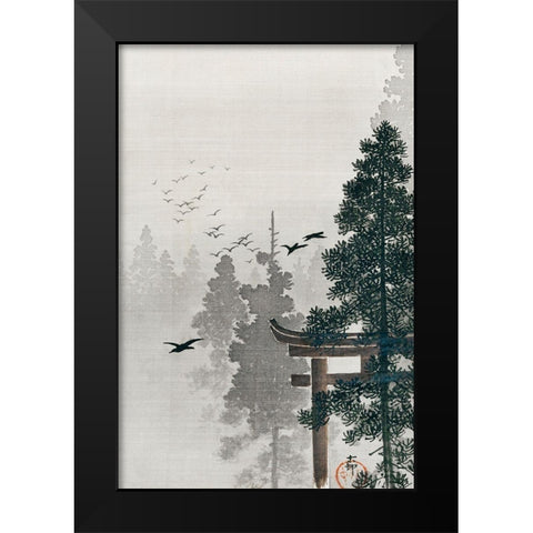 Flock of birds and a torii gate in a pine tree forest Black Modern Wood Framed Art Print by Koson, Ohara
