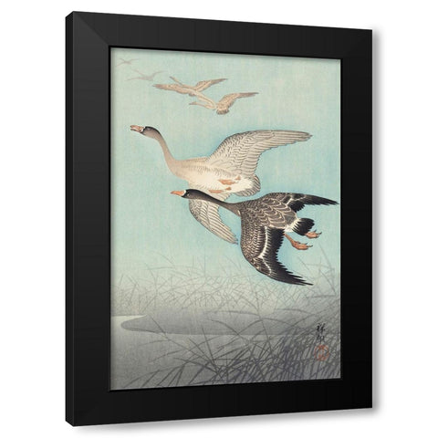 Great geese in flight Black Modern Wood Framed Art Print with Double Matting by Koson, Ohara