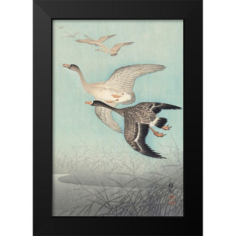 Great geese in flight Black Modern Wood Framed Art Print by Koson, Ohara