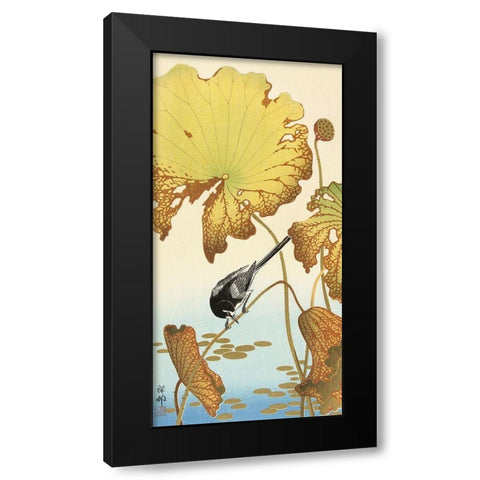 Japanese wagtail on lotus plant Black Modern Wood Framed Art Print by Koson, Ohara