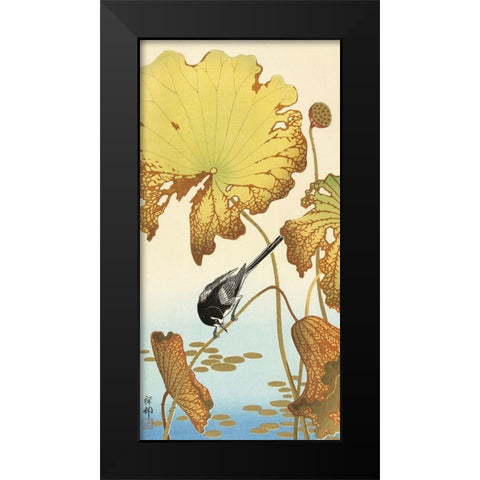 Japanese wagtail on lotus plant Black Modern Wood Framed Art Print by Koson, Ohara