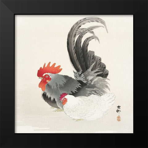 Chicken and cock Black Modern Wood Framed Art Print by Koson, Ohara