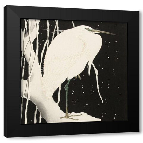 Heron in snow Black Modern Wood Framed Art Print by Koson, Ohara