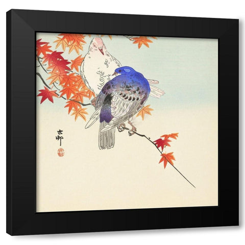 Two pigeons on autumn branch Black Modern Wood Framed Art Print by Koson, Ohara