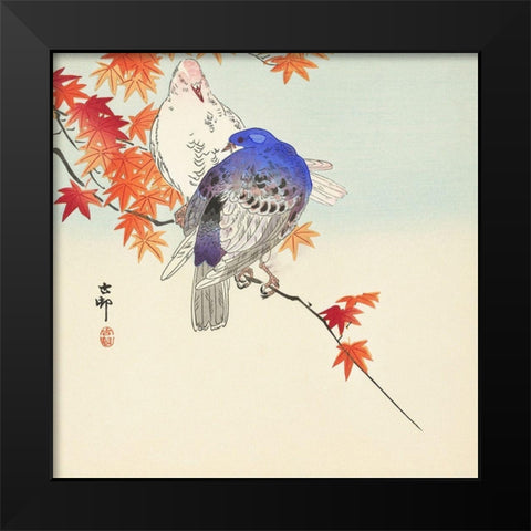 Two pigeons on autumn branch Black Modern Wood Framed Art Print by Koson, Ohara