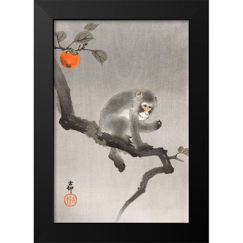 Monkey in cockatoo Black Modern Wood Framed Art Print by Koson, Ohara