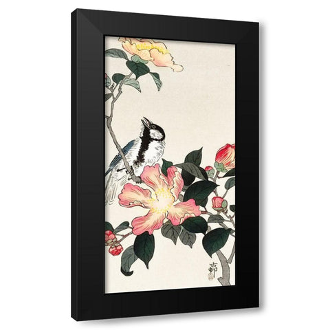 Great tit on branch with pink flowers Black Modern Wood Framed Art Print with Double Matting by Koson, Ohara