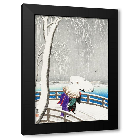 Two women in the snow on Yanagi Bridge Black Modern Wood Framed Art Print with Double Matting by Koson, Ohara