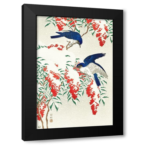 Flycatchers on a nandina bush Black Modern Wood Framed Art Print by Koson, Ohara