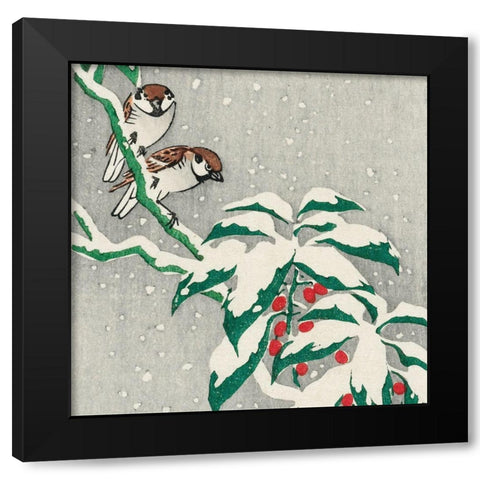 Sparrows on snowy berry bush Black Modern Wood Framed Art Print by Koson, Ohara