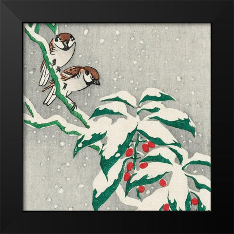 Sparrows on snowy berry bush Black Modern Wood Framed Art Print by Koson, Ohara