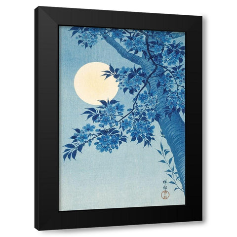 Blossoming Cherry on a Moonlit Night Black Modern Wood Framed Art Print by Koson, Ohara