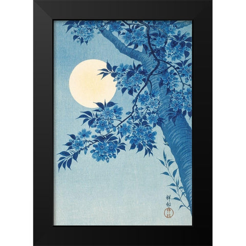 Blossoming Cherry on a Moonlit Night Black Modern Wood Framed Art Print by Koson, Ohara