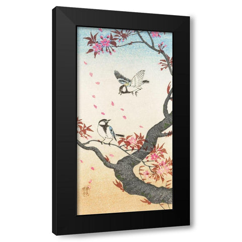 Two great tits at blossoming tree Black Modern Wood Framed Art Print by Koson, Ohara