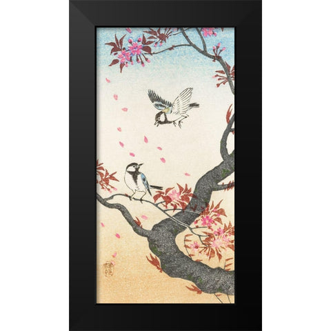 Two great tits at blossoming tree Black Modern Wood Framed Art Print by Koson, Ohara