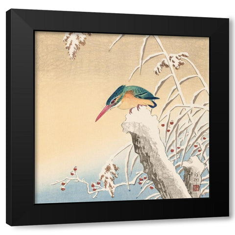 Kingfisher in the snow Black Modern Wood Framed Art Print by Koson, Ohara