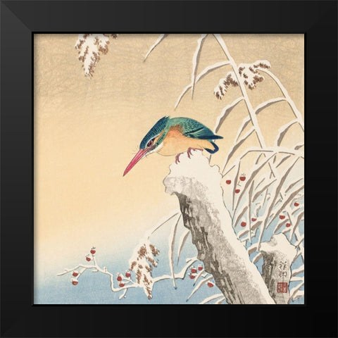 Kingfisher in the snow Black Modern Wood Framed Art Print by Koson, Ohara