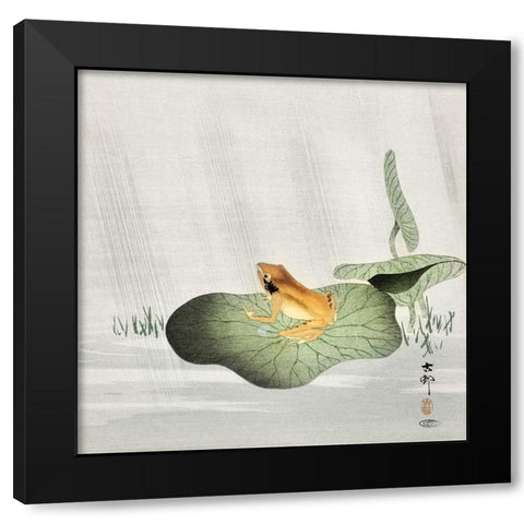 Frog on lotus leaf Black Modern Wood Framed Art Print by Koson, Ohara