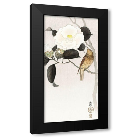 Songbird and flowering camellia Black Modern Wood Framed Art Print by Koson, Ohara