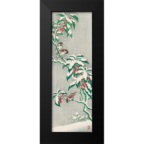 Sparrows on snowy berry bush Black Modern Wood Framed Art Print by Koson, Ohara