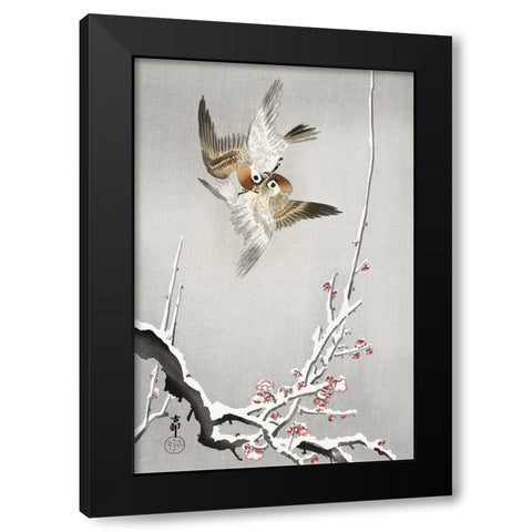 Sparrows and snowy plum tree Black Modern Wood Framed Art Print with Double Matting by Koson, Ohara