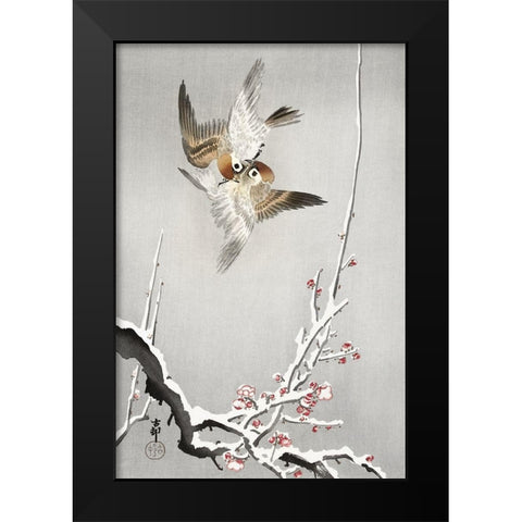 Sparrows and snowy plum tree Black Modern Wood Framed Art Print by Koson, Ohara
