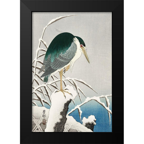 Heron in snow Black Modern Wood Framed Art Print by Koson, Ohara