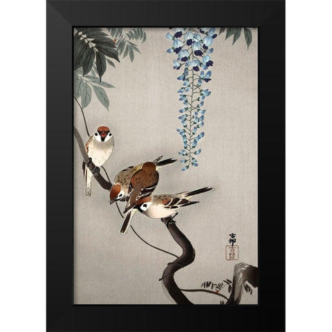 Ring sparrows at wisteria Black Modern Wood Framed Art Print by Koson, Ohara