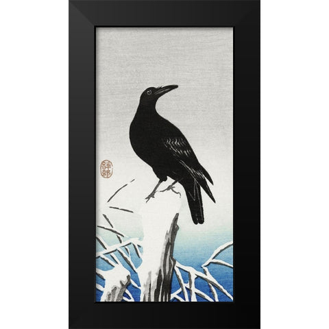 Crow on snowy pole Black Modern Wood Framed Art Print by Koson, Ohara
